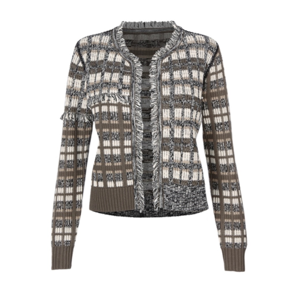 CAbi Brown and Cream Cardigan Sweater with Ribbed Trim